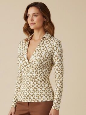 Timing V-Neck Abstract Ruching Side Faux Wrap Long Sleeve Blouse Size S